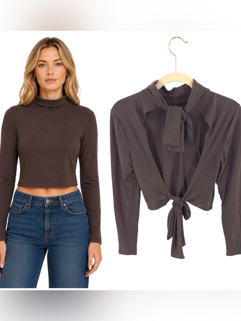 Reformation High Neck Tie Back Cropped Top Size Medium Brown Stretch Open Back